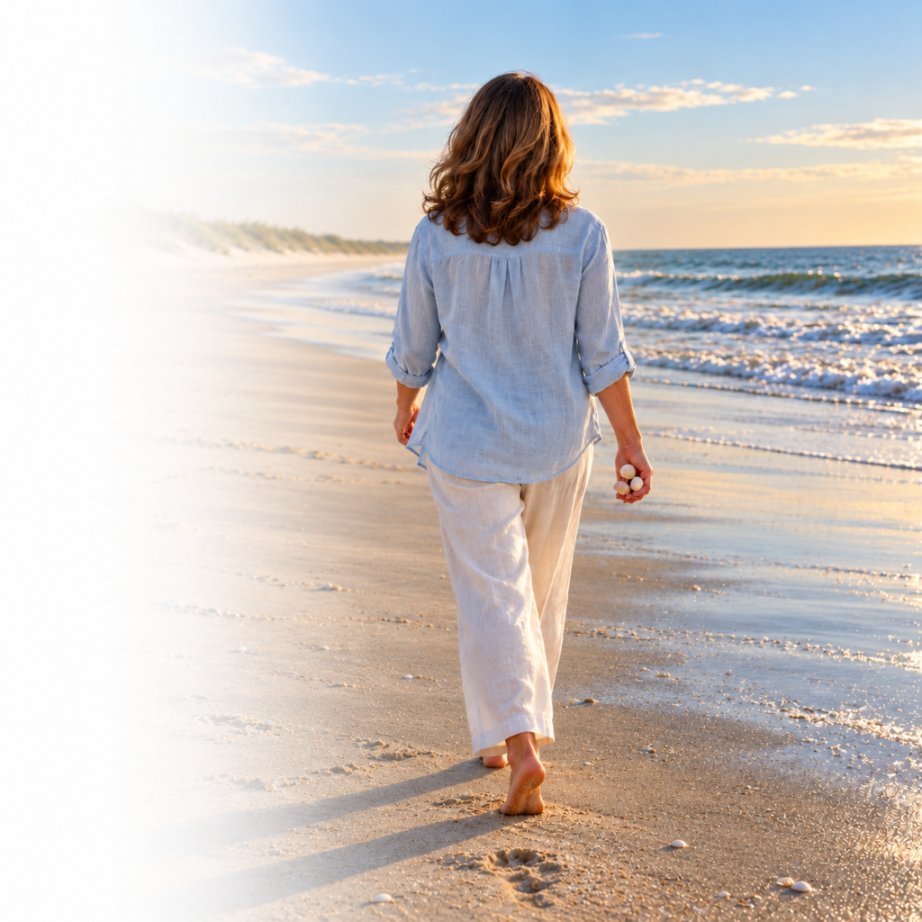 Woman walking along the Jersey Shore with a soft white fade