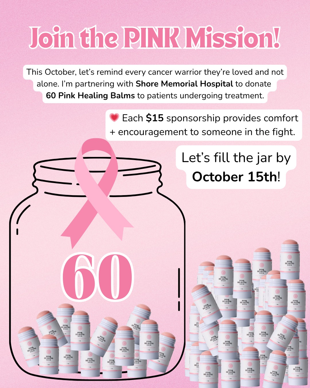 🎀 Our Annual Pink Healing Balm Fundraiser is here!
This year’s goal: 60 balms sponsored by October 15th 💗

This fundraiser is extra special because it gives back in two powerful ways:
1️⃣ Each balm is gifted to patients undergoing cancer treatment at Shore Memorial Hospital, bringing comfort and care during a difficult season.
2️⃣ $1 from every balm purchased is donated to trusted breast cancer research and prevention organizations, including:

🩷 Breast Cancer Research Foundation
🩷 National Breast Cancer Foundation
🩷 Breast Cancer Prevention Partners
🩷 The DONNA Foundation
🩷 Thrive Gang
🩷 The Boob Report
🩷 LYN Fund

✨ Your sponsorship helps provide both emotional support to patients and fund vital research that makes a difference far beyond our community.

💖 Will you help us reach our goal? Drop a 💗 below, and I’ll send you the donation link!
