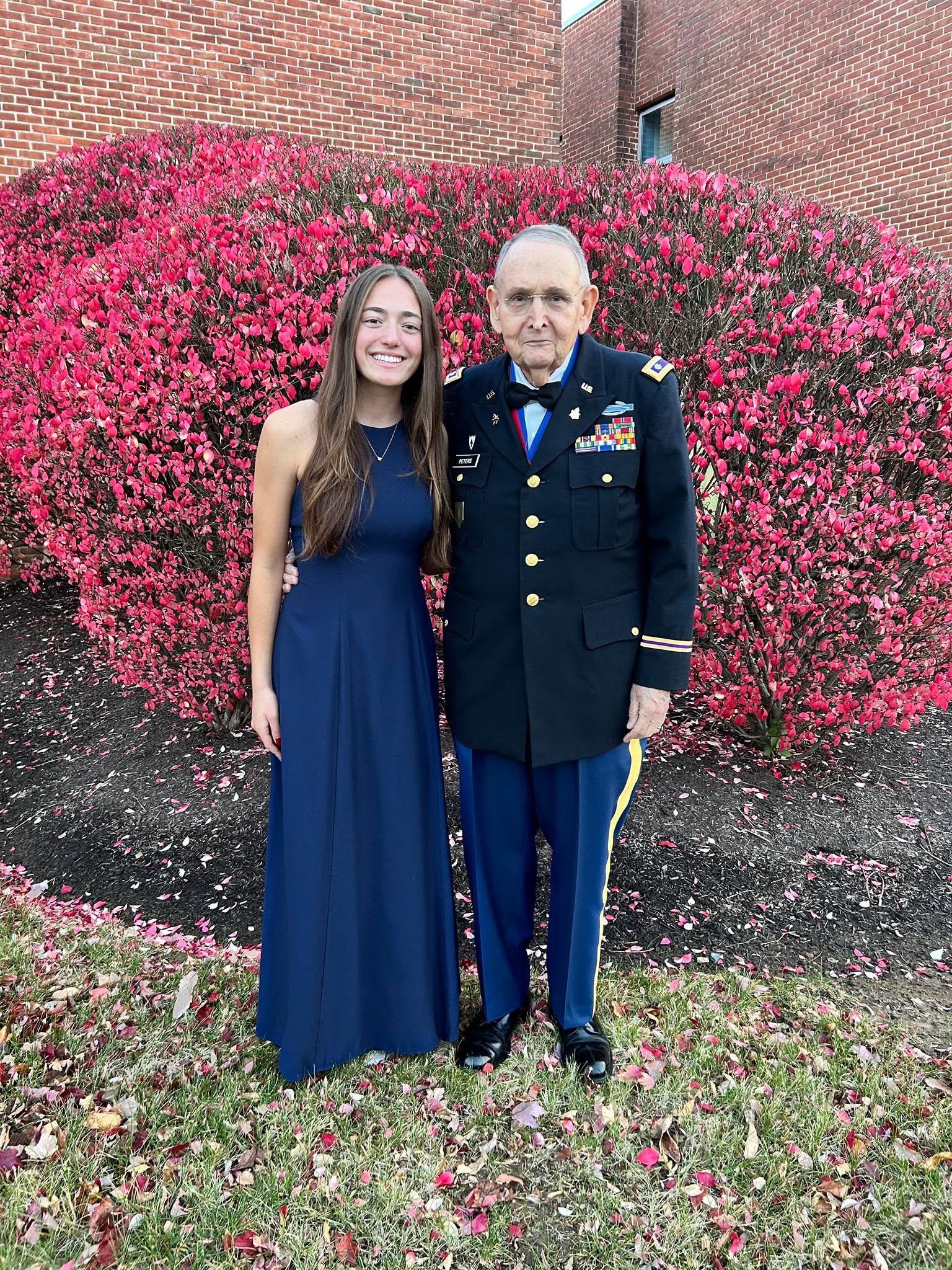 My dad and my niece attended the 80th Annual Military Ball tonight. They looked so great! I love this picture for many reasons but here are 3:

1. Proud of my Dad LTC in the US Army 🇺🇸 thankful for his service and love him so much ❤️
2. My niece is wearing my sister’s maid of honor dress from MY WEDDING 26 years ago! 
3. Love that they had this opportunity to share this event together at DeSales where my niece is a freshman.